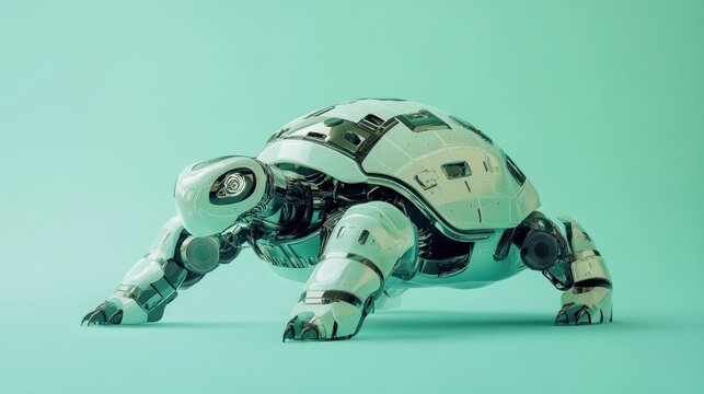 Turtle robot slowly moving on a pastel green background, shell gleaming with metallic patterns.
