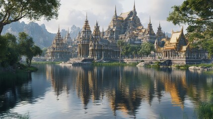 A majestic temple complex with towering spires, reflecting centuries of architectural beauty