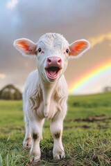 Obraz premium Happy White Calf Under a Rainbow in Green Pasture