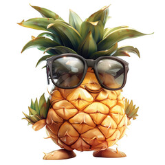A cute and funny pineapple character wearing sunglasses and smiling.