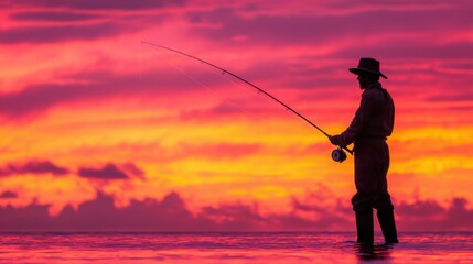 Lobster fisherman silhouetted against a dramatic sunset casting a fishing line into the ocean