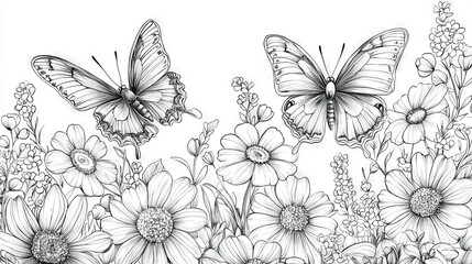   Black and white illustration of butterflies soaring over a daisy-filled meadow