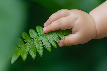 Fototapeta premium Child's Hand Touching a Plant Leaf | Nature Exploration and Connection with the Environment