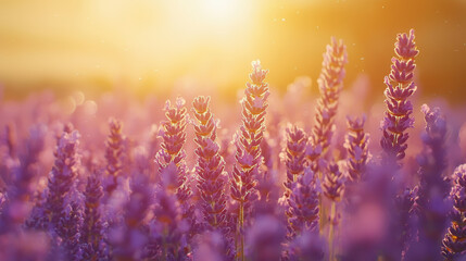 Fototapeta premium A close up of lavender field swaying gently in breeze, illuminated by warm glow of setting sun, creating serene and tranquil atmosphere