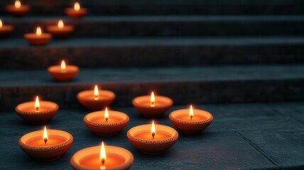 A sea of glowing diyas placed on the steps of a temple, casting a serene and spiritual Diwali ambiance