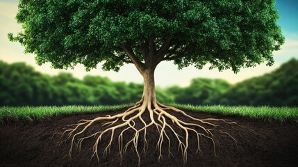 Green Tree with Visible Roots in Soil Cross Section