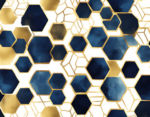 Obraz premium Seamless abstract geometric pattern with gold foil outline and deep blue watercolor hexagons background