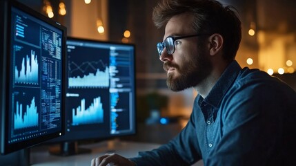 A professional analyzing the carbon footprint of different investment options on a computer