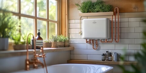 Modern Bathroom with Copper Pipes and Green Plants