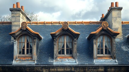 Obraz premium Three dormer windows with ornate detailing on a slate roof.