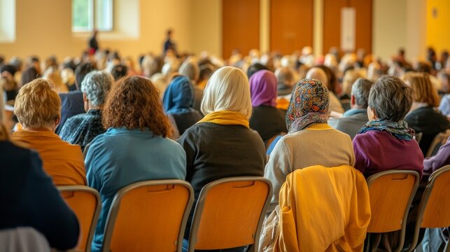 A public interfaith dialogue event in a large hall, with participants from different religions engaging in meaningful conversation