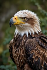 A majestic portrait of an American bald eagle, showcasing its sharp beak, fierce eyes, and striking white and brown feathers, symbolizing wildlife and nature's beauty