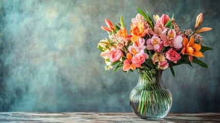 A bouquet of pink and orange ginger flowers arranged elegantly in a clear vase, set against a rustic table.