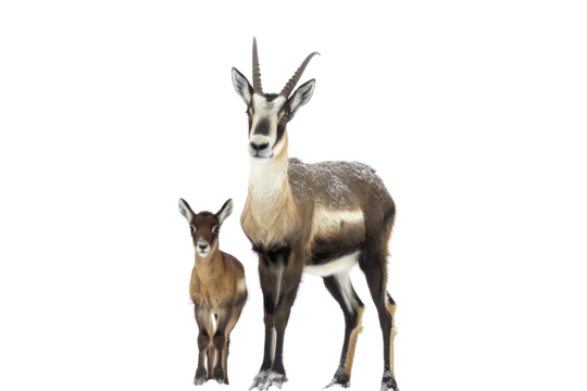 Two chamois standing together in a snowy landscape during winter, showcasing their natural habitat and family bond on transparent background