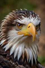 Obraz premium A striking portrait of a bald eagle showcasing its sharp beak, intense eye, and majestic feathers against a natural backdrop