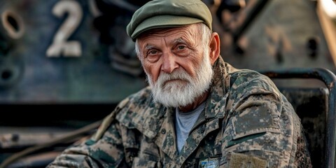 Obraz premium A rugged veteran with a wise gaze sits against a military backdrop. His well-worn features tell stories of bravery. The style combines realism with a hint of nostalgia. AI