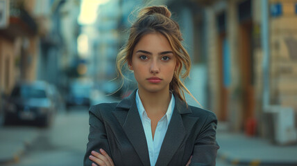 A young serious, elegant businesswoman standing on the street with arms crossed and looking at the camera. Success coming with hard work. A young proud woman on a street
