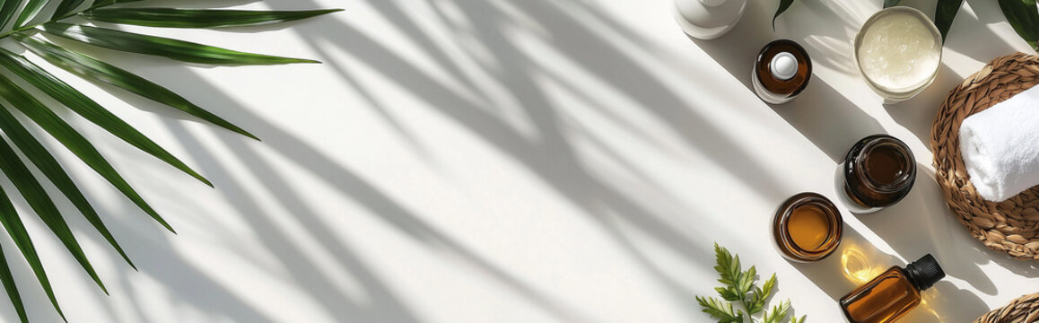 spa banner with an empty space for text , with bamboo leaves against a white background