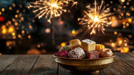 Assorted Diwali sweets in a brass bowl on a wooden deck, with a background of sparklers and fireworks illuminating the night sky. Copy space, happy Diwali background, traditional, Indian festival