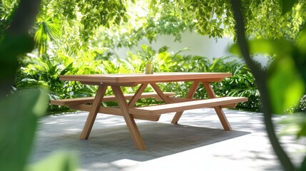 Obraz premium Serene Outdoor Picnic Table in Lush Greenery