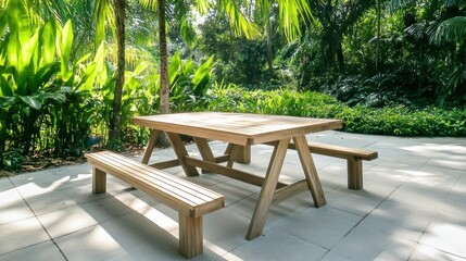 Obraz premium Wooden Picnic Table in Tropical Garden Setting