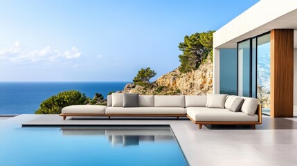 Fototapeta premium Modern Outdoor Lounge with Ocean View and Pool