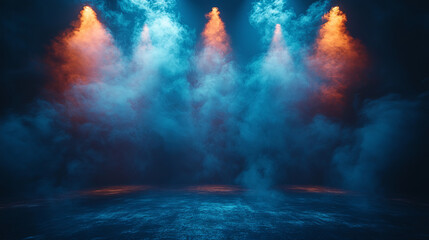 A dark, moody scene with blue and orange spotlights shining through smoke.