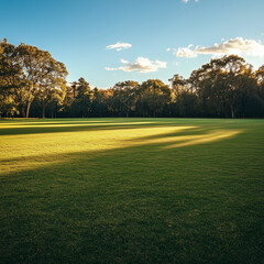 green trees and lawn golf course in clear blue sky