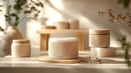 Photorealistic 3D illustration of organic soap packaging with natural textures, ecofriendly materials, soft lighting, earthy color palette, detailed and clean design