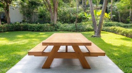 Fototapeta premium Modern Wooden Table in Lush Green Garden Setting