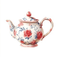 Watercolor Illustration of a Vintage Floral Teapot.