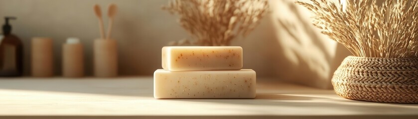 A serene display of natural soap bars on a wooden surface, surrounded by rustic decor and dried plants for a calming ambiance.