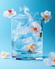 Refreshing Cocktail with Flowers and Ice Cubes
