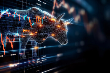 A digital bull figure representing market trends with candlestick charts in background, symbolizing financial growth and investment opportunities