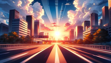 Naklejka premium sunset in the city anime style