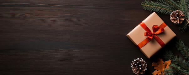 A beautifully wrapped gift box with red ribbon sits on dark wooden surface, surrounded by pine branches, pine cones, and autumn leaves, evoking warm holiday spirit