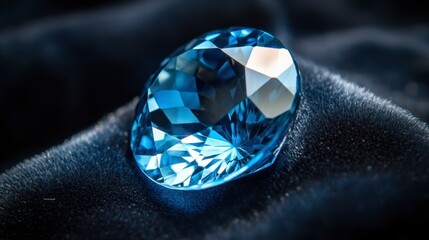 A gleaming blue topaz gemstone resting on a black velvet surface, catching the light from above.