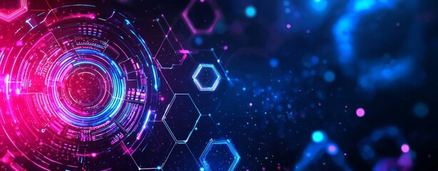 Holographic interface overlaid with geometric patterns, vibrant blues and purples, glowing edges, sci-fi, digital art