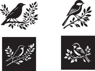 set of black and white birds with branches 