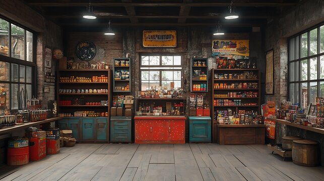 A vintage general store interior with wooden shelves stocked with various goods, a rustic counter, and exposed brick walls.