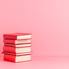 A stack of red books on a pink background. The books are arranged in a pyramid shape, with the bottom book being the largest and the top book being the smallest