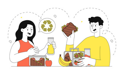 People with lunch box. Boy and girl with container with eating. Sandwich, juice, banana and apple. Schoolers with vegetables. Linear vector illustration