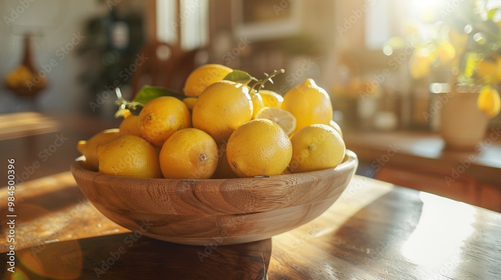 Canvas Prints  A wooden bowl filled with lemons rests atop a wooden table alongside a vase of lemons