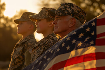 Multi-generational military family is proudly displaying the american flag at sunset