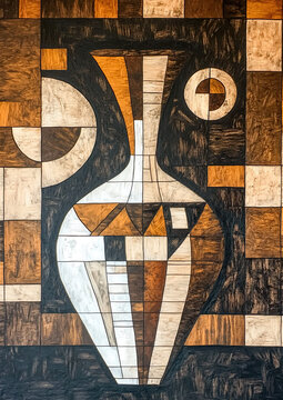 vase  with traditional motifs, placed in front of an abstract background with a mix of browns, tans, and oranges
