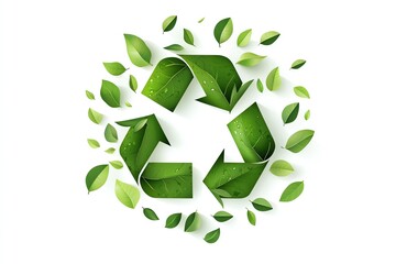 Green recycling symbol made of leaves, promoting eco-friendly practices and sustainability on a white isolated background.