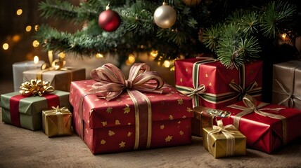 Christmas presents under the Christmas tree , holiday anticipation, joy and giving 
