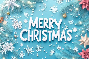 Festive Merry Christmas Greeting with Snowflakes and Winter Decor