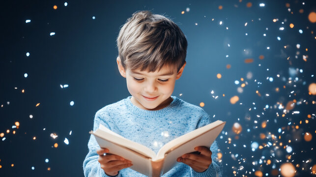 A young boy is reading a book with a smile on his face. The book is open to a page with a picture of a boy reading. The scene is set against a background of sparkling confetti, creating a festive
