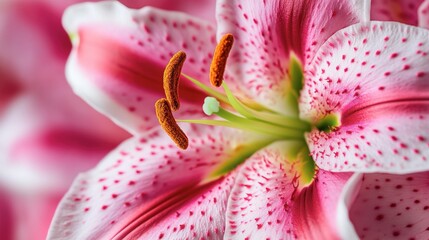 A macro shot of a stargazer lily, showcasing its rich pink and white petals with intricate details.